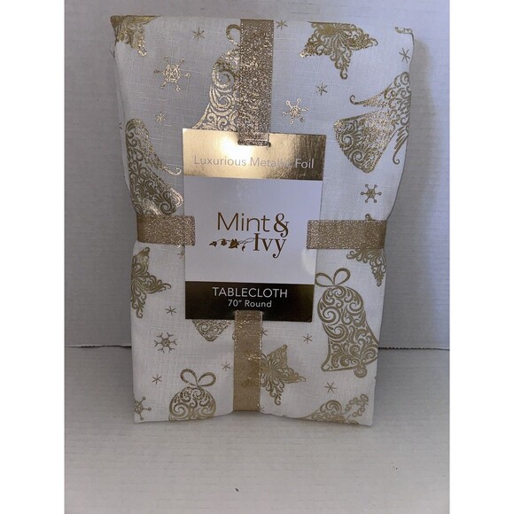 70" round tablecloth white with gold holiday pattern ornaments - Picture 2 of 9